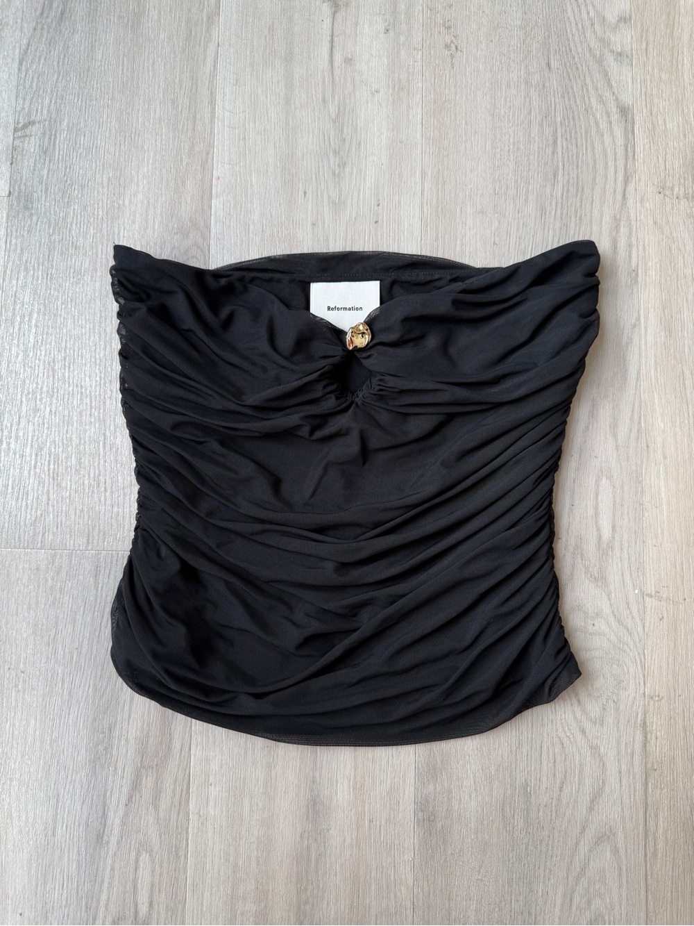 Reformation Myra Black Ruched Strapless Top with Gold Metal Accent